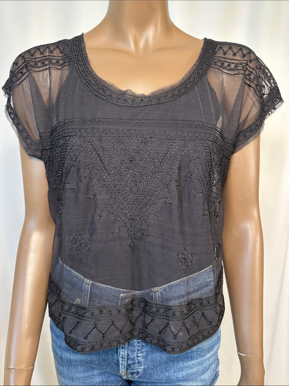 Free People Sheer Mesh Embroidered Short Sleeve Top